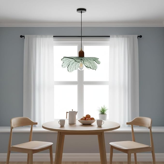 Dark Green Glass Flower Pendant Light Fixture with Wood Accent, Adjustable 59" Cord Hanging Ceiling Lamp, Mid Century Modern Floral Swag Light for Kitchen Island Bedroom