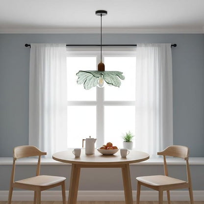 Dark Green Glass Flower Pendant Light Fixture with Wood Accent, Adjustable 59" Cord Hanging Ceiling Lamp, Mid Century Modern Floral Swag Light for Kitchen Island Bedroom