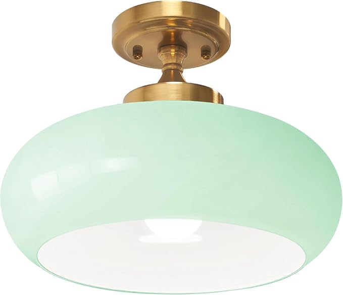Mint Green Glass Semi Flush Mount Ceiling Light, 11.02" Mid Century Modern Gold Close to Ceiling Light Fixture, Vintage Ceiling Lamp for Bedroom Hallway Kitchen Entryway