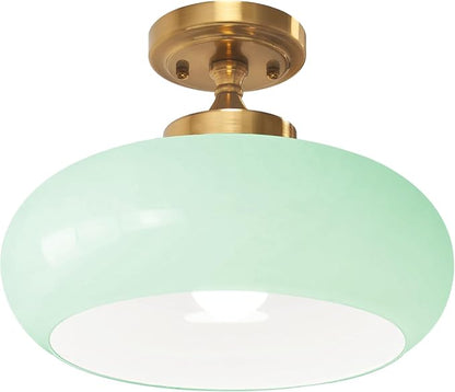 Mint Green Glass Semi Flush Mount Ceiling Light, 11.02" Mid Century Modern Gold Close to Ceiling Light Fixture, Vintage Ceiling Lamp for Bedroom Hallway Kitchen Entryway