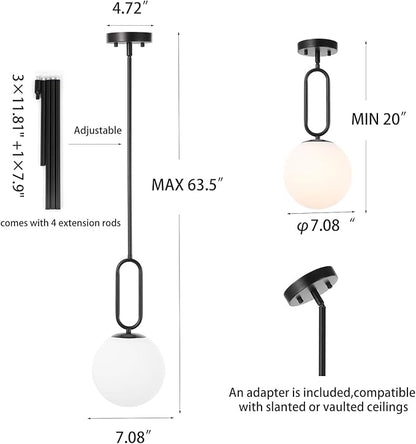 Modern Black Globe Pendant Light Milky White Globe Glass Shade 2 Pack Adjustable Rods Hanging Ceiling Light Fixtures for Kitchen Island Living Room