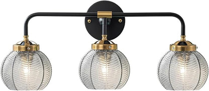 Black Bathroom Light Fixtures 3-Lights Vintage Vanity Wall Sconce Over Mirror with Ribbed Smoky Gray Globe Shade Mid Century Modern Lights Fixture Art Deco Farmhouse Vanity Lighting
