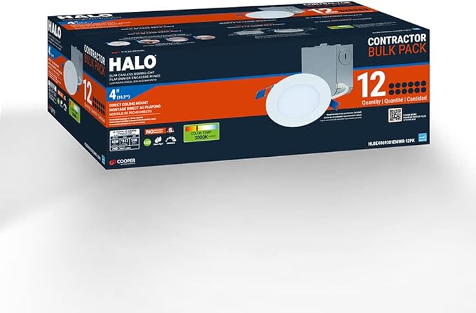 HALO HLBE 4 in LED Canless Recessed Lights 12-Pack, 3000K, 600 Lumens, Wet Location, Dimmable, Ultra-Slim 1/2 in Profile Ceiling Downlights for New Construction and Remodel - HLBE4069301EMWR-12PK