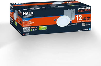 HALO HLBE 4 in LED Canless Recessed Lights 12-Pack, 3000K, 600 Lumens, Wet Location, Dimmable, Ultra-Slim 1/2 in Profile Ceiling Downlights for New Construction and Remodel - HLBE4069301EMWR-12PK