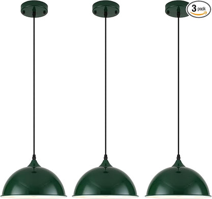 9.8 inch Green Dome Pendant Lights Kitchen Island 3 Pack, Modern Farmhouse Pendant Lights, Vintage Industrial Kitchen Pendant Lighting, Island Lights for Kitchen, Dining Room