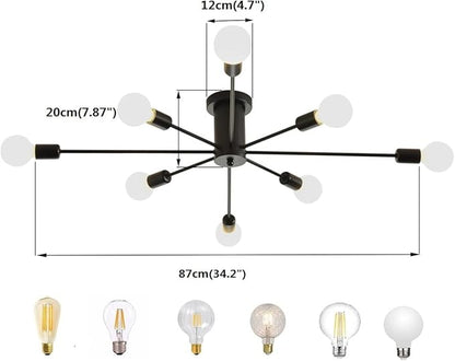 Garwarm 8-Light Sputnik Chandelier Black Industrial Semi Flush Mount Ceiling Light Fixture Mid Century Modern Pendant Light for Kitchen Farmhouse Living Room