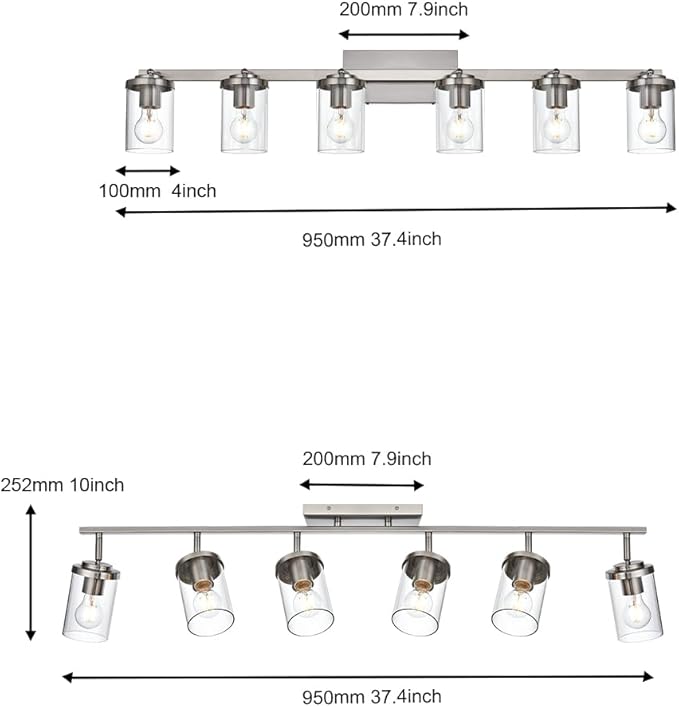BONLICHT Transitional 6-Light Glass Track Lighting Kit Directional Ceiling Spot Light Brushed Nickel Modern Bathroom Vanity Wall Lights for Kitchen Living Room Office, Flexibly Rotatable Light Head