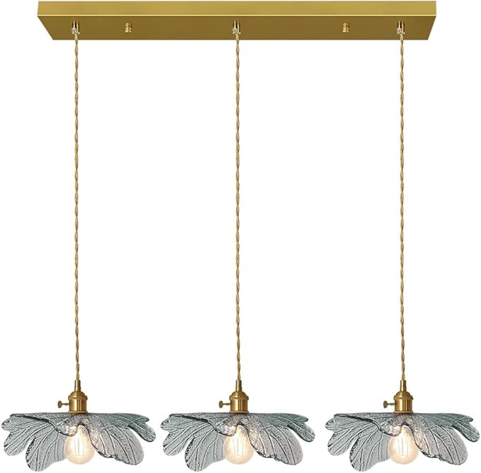 3-Light Flower Pendant Lamp Gold Dining Room Ceiling Pendant Light Fixtures with Dark Green Glass Leaf Shades, Cluster Pendant Light for Kitchen Bathroom Cafe Restaurant