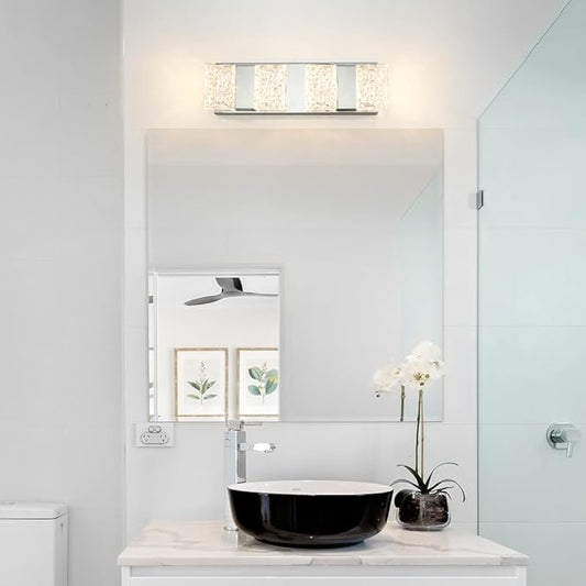 Modern Chrome 4-Lights Bathroom Vanity Light, Eleglant Chrome LED Bathroom Light Fixtures Over Mirror, Dimmable Acrylic Shade Wall Lighting Fixtures, Hardwired Wall Light(H4.33in, L15.16in)