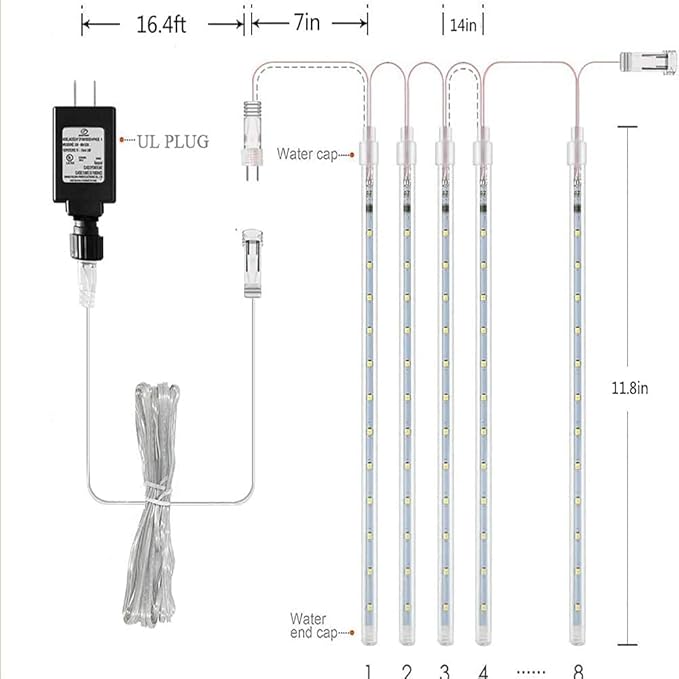 Purtuemy Christmas Lights Outdoor, Meteor Shower Falling 12 inch 8 Tubes Icicle Snow Raindrop Lights for Xmas Tree Holiday Party Decoration, UL Plug, Wram White
