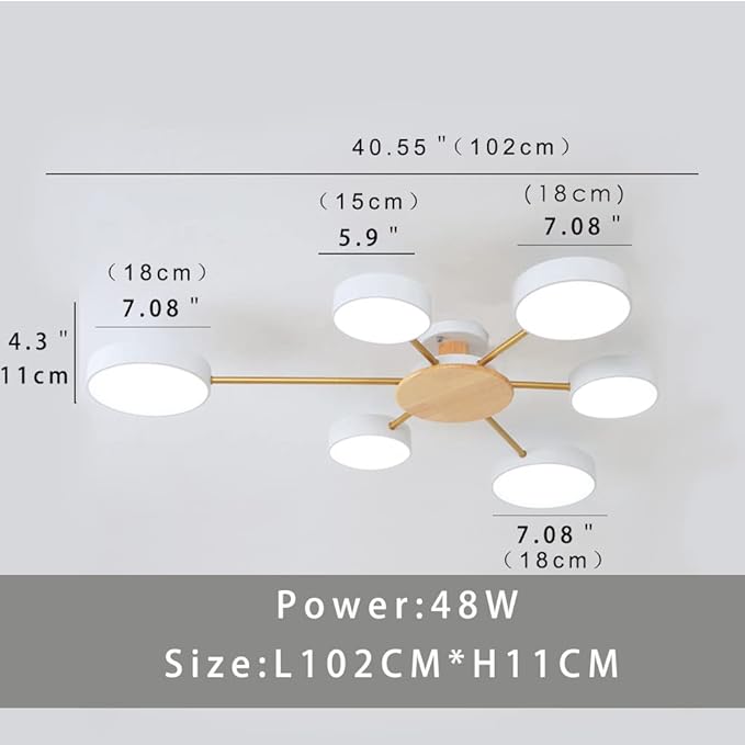LED Ceiling Light Fixture,41 Inch 6-Lights Modern Ceiling Lights Flush Mount Wooden 48W Dimmable Chandelier for Living Room Bedroom Kitchen,3000K/4000K/6000K Temperatures Selectable White