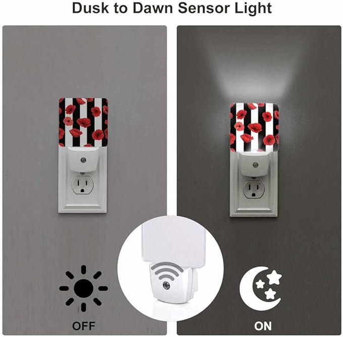 Black and White Stripes Night Light Red Poppy Petals Plug into Wall with Dusk to Dawn Light Sensors 0.5W Warm Nightlights for Bedroom Bathroom Hallway