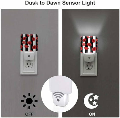 Black and White Stripes Night Light Red Poppy Petals Plug into Wall with Dusk to Dawn Light Sensors 0.5W Warm Nightlights for Bedroom Bathroom Hallway