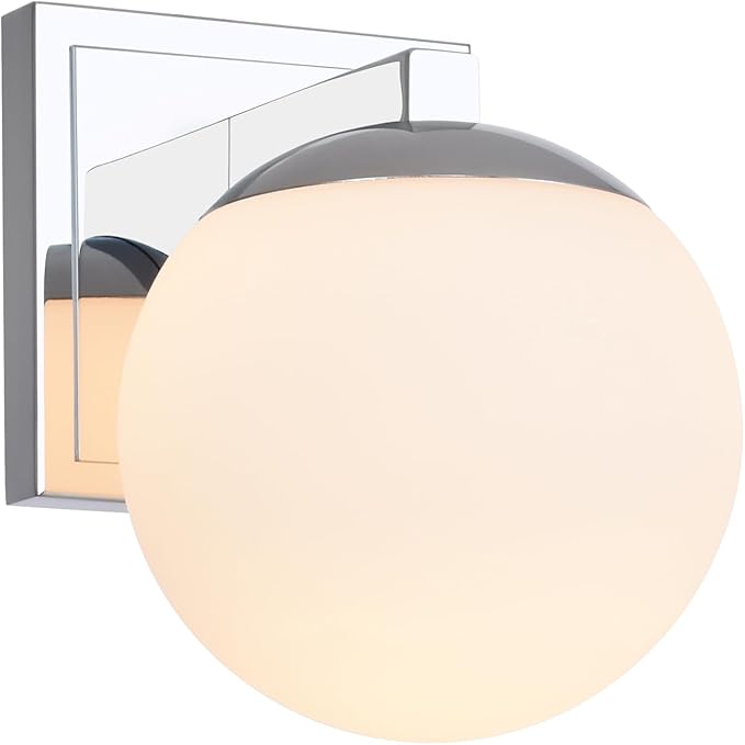 Chrome Wall Sconce Light, Modern Sconces Wall Lighting, 1 Light Globe Bathroom Vanity Lighting with Opal Glass Shade, Wall Light for Bedroom Bathroom Living Room Entryway Hallway