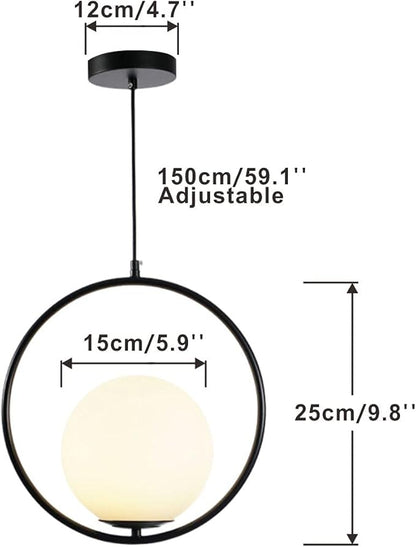 Vintage Pendant Light 1-Light Black Glass Globe Ceiling Pendant Lamp Chandelier Oval Shape Hanging Pendant Light Fixtures for Bedroom Living Dining Room Kitchen (Round(25cm))