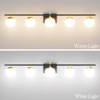 Ralbay Mid Century Modern Bathroom Vanity Light Fixture 5 Light Milky Glass Globe Modern Bathroom Light Fixture Over Mirror, Black/Golden 5 Light