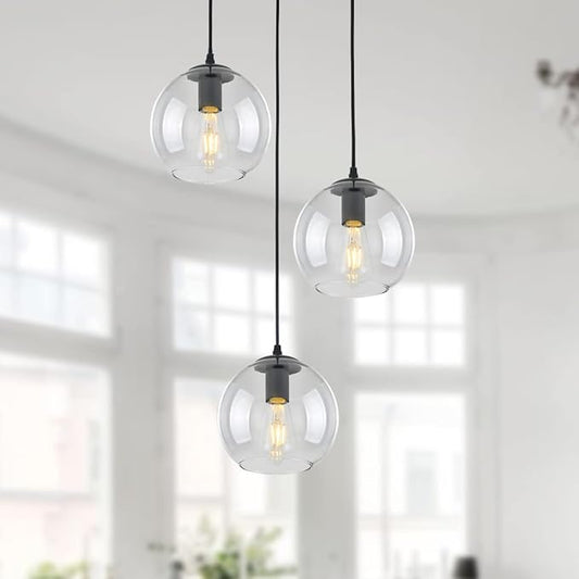 3 Lights Hanging Pendent Ceiling Chandelier, Mid Century Modern Industrial Farmhouse Kitchen Light with Clear Glass Shades