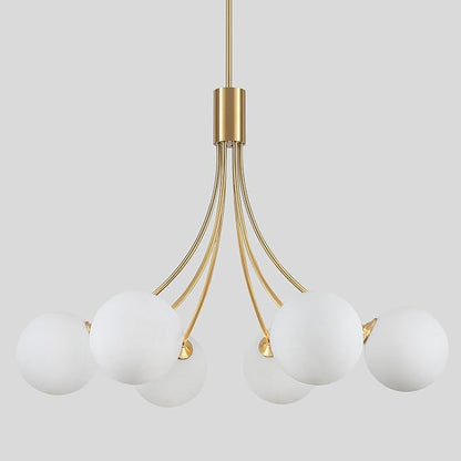 31.5" Modern Mid-Century Gold Sputnik Chandelier - 6-Light Adjustable Hanging Fixture with Milk White Glass Shades for Dining Room, Kitchen Island, Living Room, Bedroom, Foyer Lighting