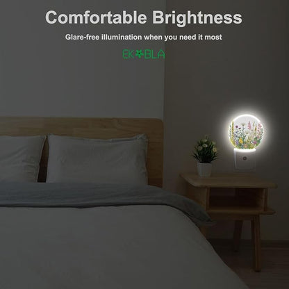 EKOBLA Watercolor Herbs and Wild Flowers Night Light, Green Botanical Floral Leaves Plug into Wall with Dusk to Dawn Light Sensors, Warm Nightlights for Girls Women