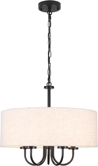 5 Lights Drum Chandelier for Dining Room 19" Modern Farmhouse Black Chandeliers with Shades Round Pendant Light Fixtures Linen Hanging Chandeliers for Bedroom Living Room Kitchen Over Table Foyer