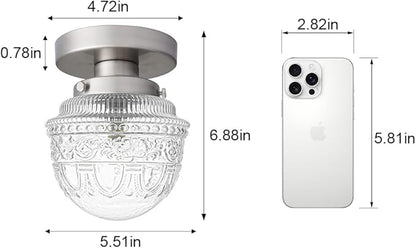 DSMJFU Brushed Nickel Semi Flush Mount Ceiling Light, Small Blowing Clear Glass Shade Ceiling Light Fixtures for Bedroom Closet Bathroom Hallway Kitchen