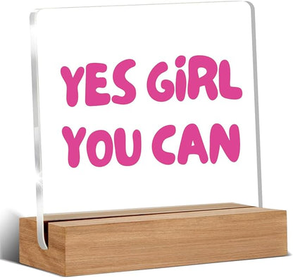 Inspirational Gifts for Women Girl Friend Bestie Sister, Pink Motivational Quote Sign, Yes Girl You Can Acrylic Plaque Table Sign Home Office Desk Decor 4 × 4 Inch