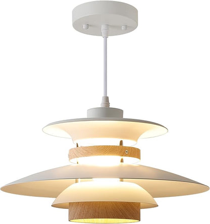 EFINEHOME Modern Decor Adjustable Pendant Lamp Kitchen Island, Aluminum and Wood Finish,1-Light E26 Base Ceiling Hanging Light for Dining Room Shop Restaurant (White+Light Wood Grain, 40cm)
