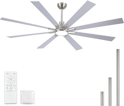 72 Inch Ceiling Fans with Lights and Remote, Nickel Large Ceiling Fan for Bedroom Living Room Indoor/Outdoor, 6 Speed Reversible DC Motor, 3CCT, Downrod, Dual Color 8 Blades, ETL Listed