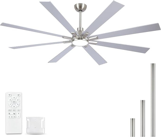 72 Inch Ceiling Fans with Lights and Remote, Nickel Large Ceiling Fan for Bedroom Living Room Indoor/Outdoor, 6 Speed Reversible DC Motor, 3CCT, Downrod, Dual Color 8 Blades, ETL Listed