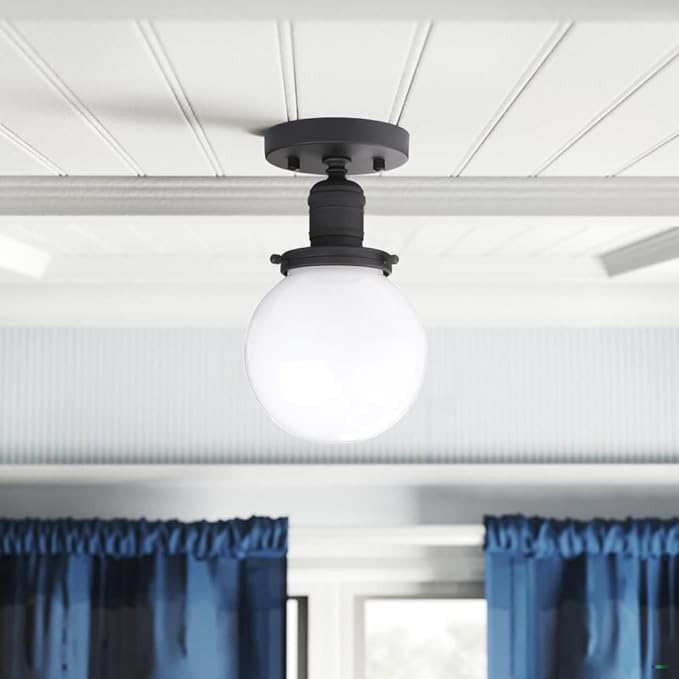 Yosoan 1-Light Modern Hallway Ceiling Light Fixture with Milk Round Glass, Indoor Hardwired Vintage Indoor Flush Mount Lighting with Matte Globe Shade Lights for Kitchen Bathroom Porch Entryway(Black)