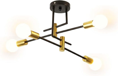 Modern Sputnik Chandelier 4-Light Adjustable Ceiling Light Fixture Semi Flush Mount Ceiling Lamp with E26 Base Industrial Ceiling Light for Dining Room Bedroom Living Room Black and Gold