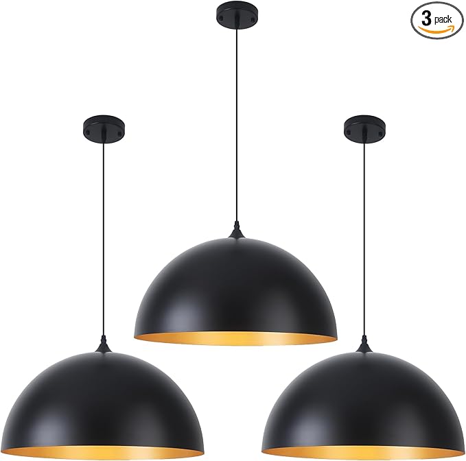 Large Pendant Lights Kitchen Island 3 Packs, 16 inch Black and Gold Dome Pendant Light, Industrial Farmhouse Pendant Lights Fixtures Metal for Kitchen Island, Dining Room, Cafe, Bar