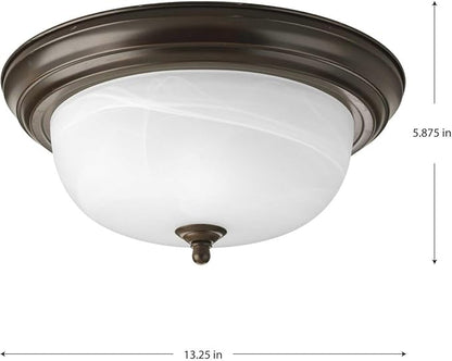 Progress Lighting 2-Light Ceiling Light, Flush Mount Ceiling Light Fixture for Interior Kitchen Lights, Hallway, Bedroom, Living Room, 13-1/4”, 5-7/8”, Antique Bronze, Alabaster Glass Shade