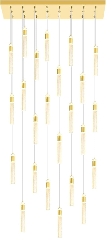 Glam Rectangular Crystal Column Chandelier for High Ceiling 24-Lights Gold LED Dimmable Pendant Light for Kitchen Island Dining Room Entrance Foyer Living Room Adjustable Height