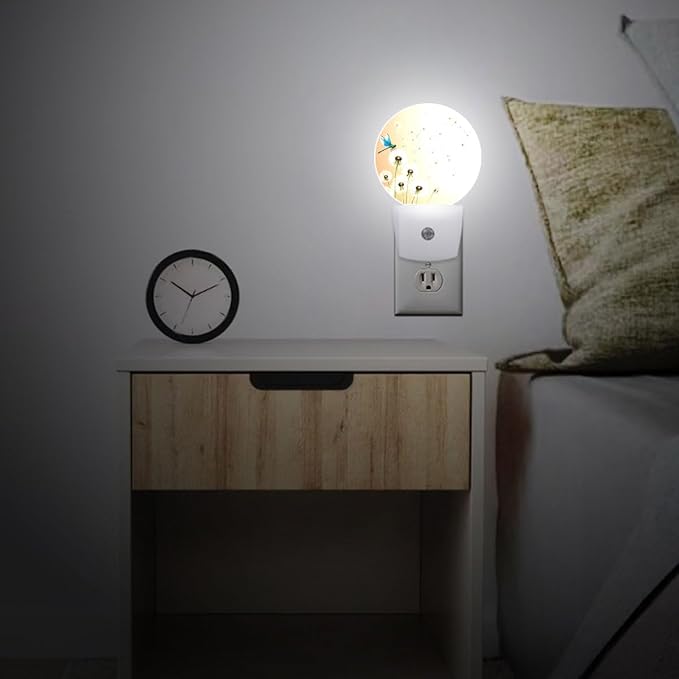 Dandelion Dragonfly Plug in Night Light Auto Light Round Lamps Energy Saving Gift for Women Men Friends