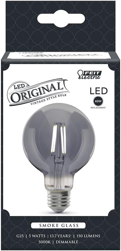 Feit Electric Vintage Exposed Filament Smoke Glass LED G25 with a Medium E26 Base Light Bulb - 60W Equivalent - 10 Year Life - 150 Lumen - 5000K Daylight - Dimmable | Original Vintage
