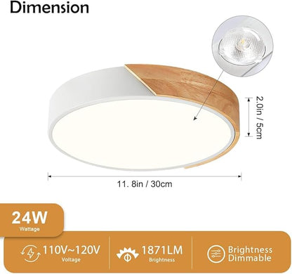 Modern Dimmable LED Ceiling Light, Minimalist Wood Style 5CCT 2700K-6000K Flush Mount Ceiling Light Fixture, Round Lighting Lamp for Bedroom, Laundry Room, Hallway, White, 11.8"