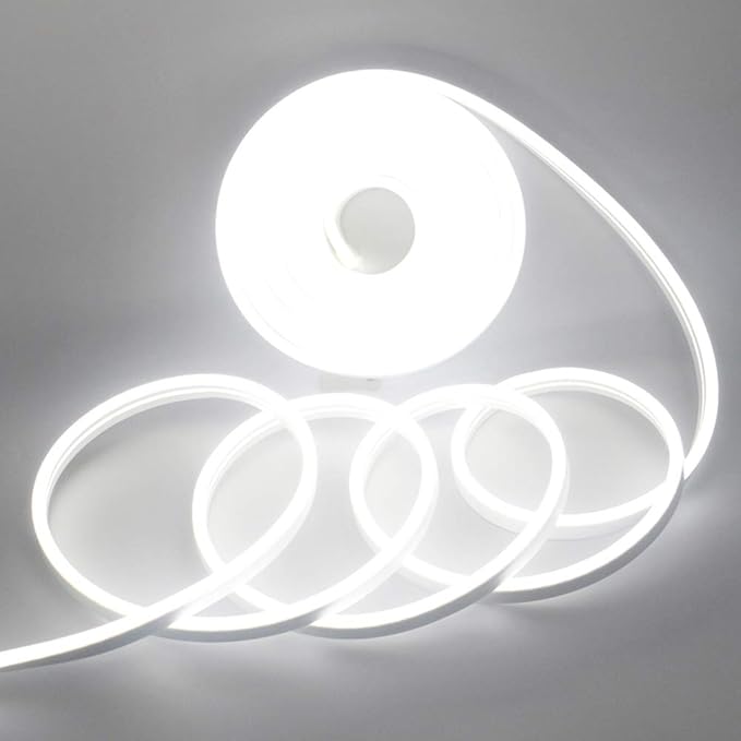 YM E-Bright Led Neon Strip Lights Without Power Supply, 12V Rope Indoor Outdoor 16.4Ft 600SMD White Silicone Waterproof Flexible for Signboard Bar Home Kitchen Bedroom Party Holiday Decoration