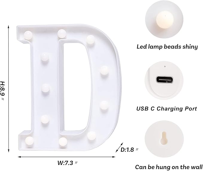 Foaky Rechargeable LED Letter Lights Sign Marquee Light Up Letters Sign for Night Light Wedding/Birthday Party Christmas Lamp Home Bar Decoration (D)