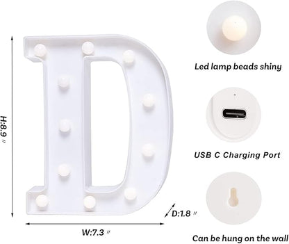 Foaky Rechargeable LED Letter Lights Sign Marquee Light Up Letters Sign for Night Light Wedding/Birthday Party Christmas Lamp Home Bar Decoration (D)