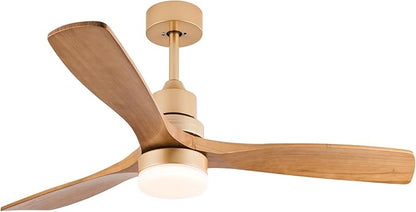 Champagne Gold Luxury Style Ceiling Fan with Light Solid Wood Blade Noiseless Reversible Motor Dimmable Light Memory Living Room and Bedroom Ceiling Fan (Golden04)