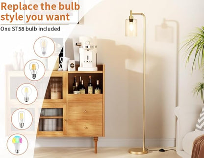 Ziisee Floor Lamps for Living Room - Industrial Standing Lamp with Glass Shade, Modern Gold Floor Lamp with LED Bulbs, Farmhouse Floor Lamp for Bedroom, Tall Lamp for Office - Gold