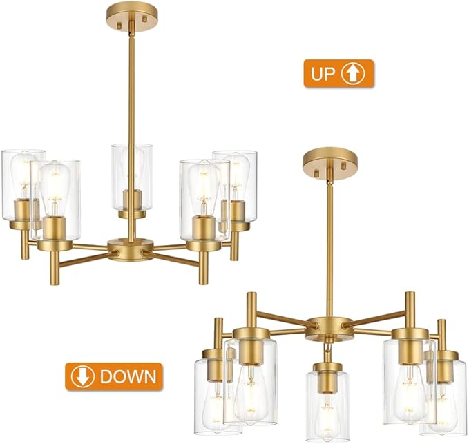 Retro Large Chandelier with Clear Glass Shade Metal Indoor Kitchen Island Pendant Lighting in Gold Finish Modern Light Fixture Hanging for Dining Room