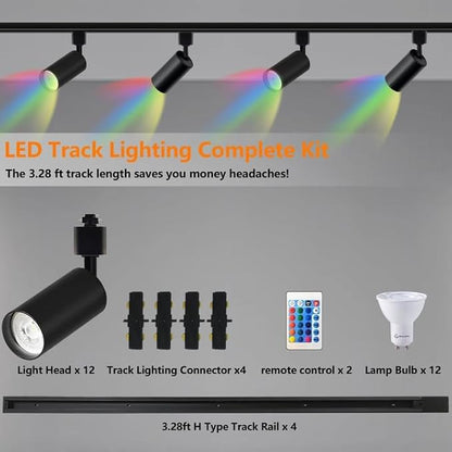 GU10 16-Color RGB Track Lighting Kit, 12-Pack Colour-Changing Spotlights with 3x3.28FT H-Rail, IR Remote RGB Track Lights for Living Room, Home Parties, Nightclubs, Bars