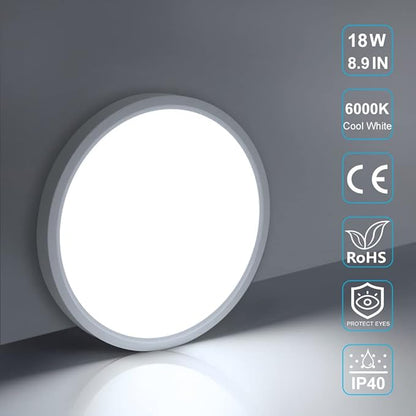 LightingWill 8.9 Inch LED Flush Mount Ceiling Light Fixture, 6000K Cool White, 1800LM, 18W, Flat Modern Round Lighting Fixture, 180W Equivalent White Ceiling Lamp for Kitchens, Bedrooms.etc.