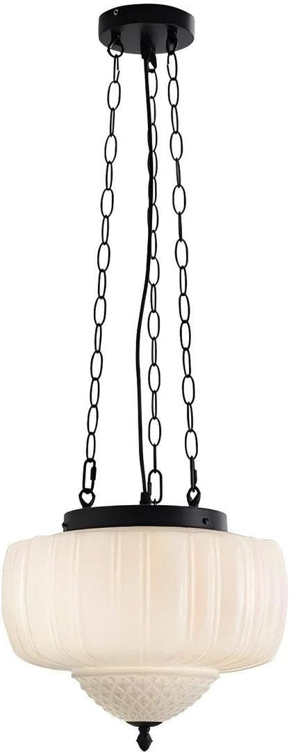 LIGHTLAND Milk Glass Pendant Light, 13 Inch Mid Century Semi Flush Mount Ceiling Light Fixture with 39.4 Inch Adjustable Chain, Vintage Chandelier for Bedroom, Living Room, Dining Room, Hallway