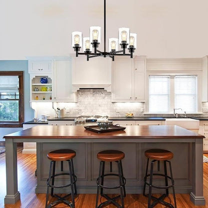 Modern Black Chandeliers for Dining Room, 6-Light Chandelier Light Fixture with Clear Glass Shades, Metal Hanging Pendant Lighting for Living Room, Kitchen, Staircase, Entryway