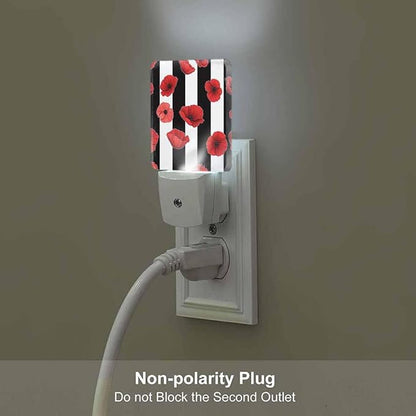 Black and White Stripes Night Light Red Poppy Petals Plug into Wall with Dusk to Dawn Light Sensors 0.5W Warm Nightlights for Bedroom Bathroom Hallway