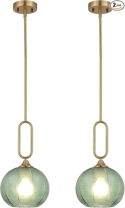 Green Glass Pendant Light Set of 2 Modern Globe Pendant Lighting Nordic Ribbed Gold Ceiling Hanging Chandelier with Brushed Brass Adjustable Rods Dining Room Kitchen Island Light Fixture