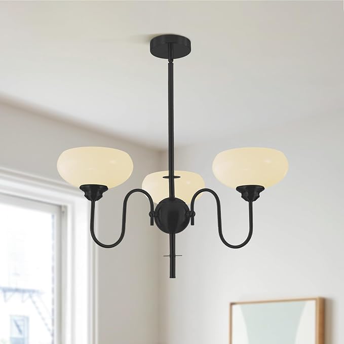 BOKT 3 Light French Chandeliers for Dining Room, Black Farmhouse Chandelier for Bedroom, Small Chandelier with Milk White Bowl Glass Shades